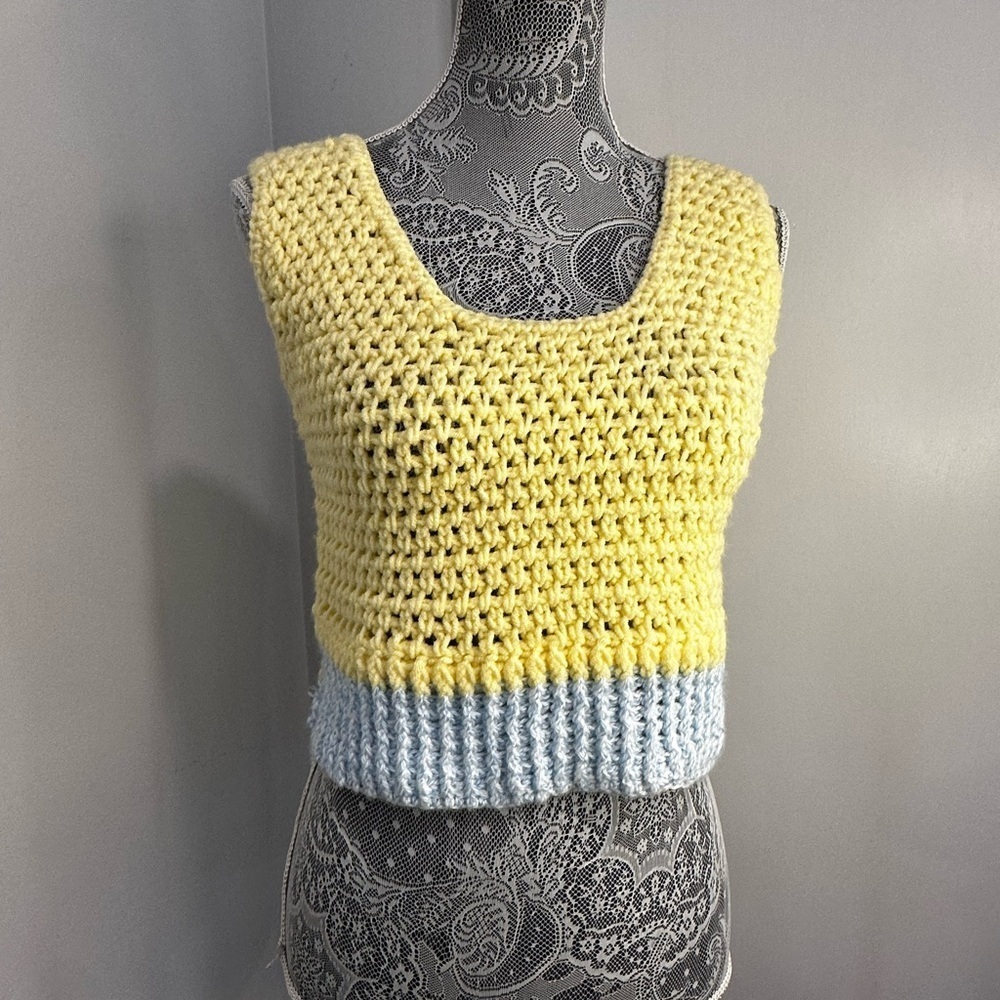 Handmade Crocheted Yellow‎ & Blue Cropped Tank Top. Wide Straps. Two Tone.